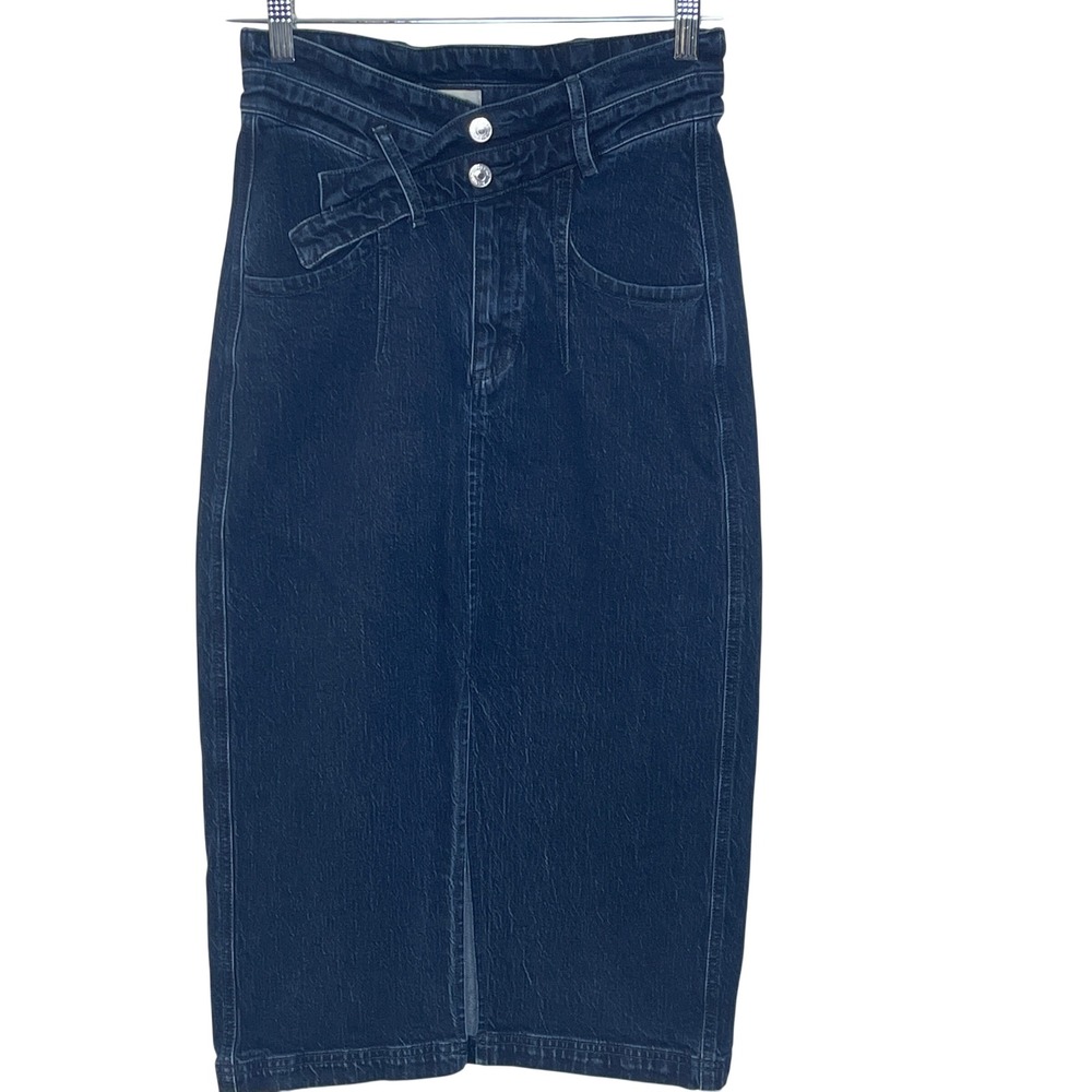 PILCRO Dark Wash Denim Midi Skirt Size 6 High Waist Asymmetrical Wrap Front Slit
